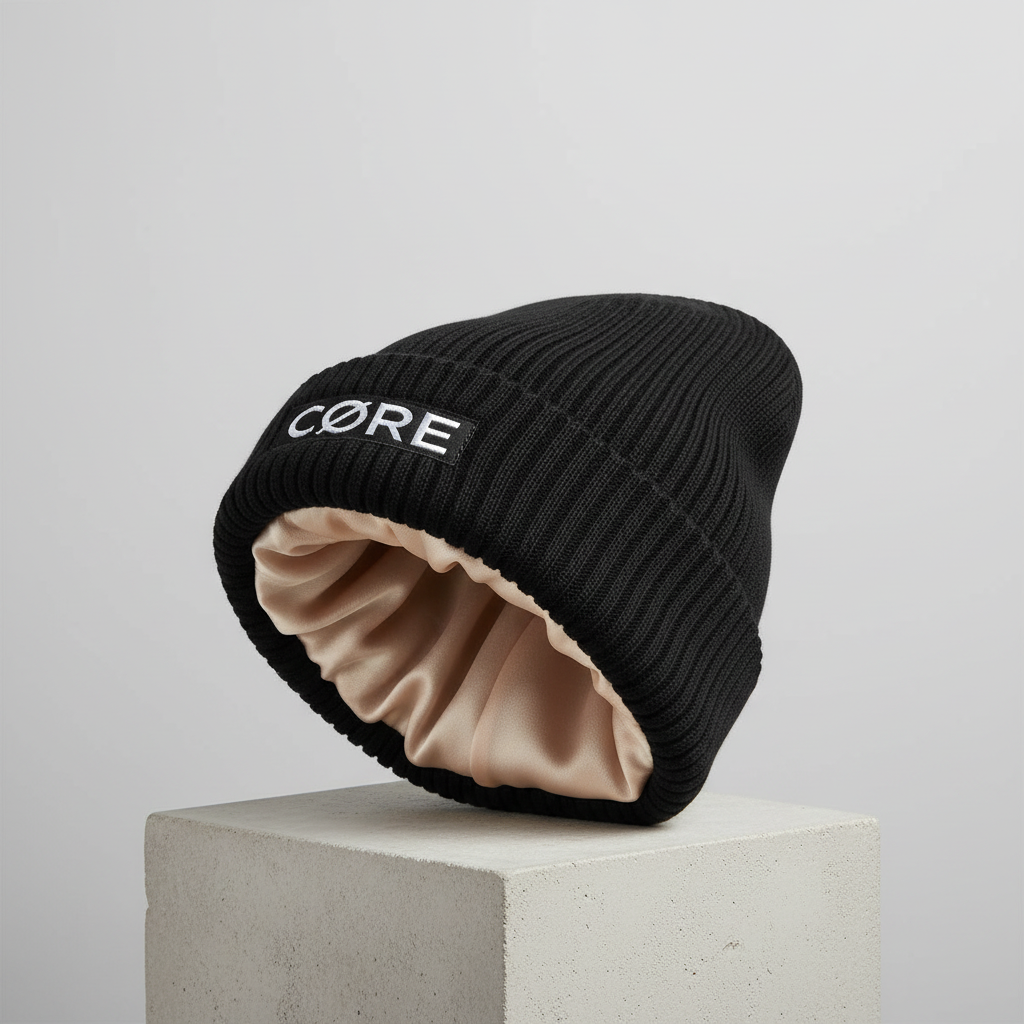 CØRE Classic Black Beanie with light silk lining contrast